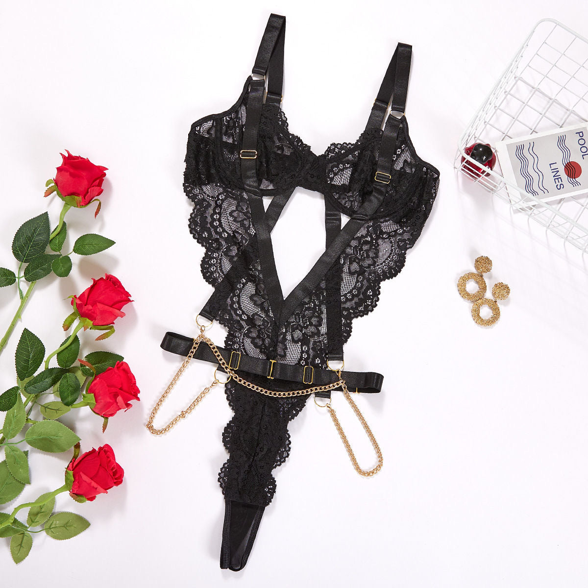 Sexy Lingerie Black Lace See through Jumpsuit Chain Hollow Out Cutout out Push up Tight Sexy Suit