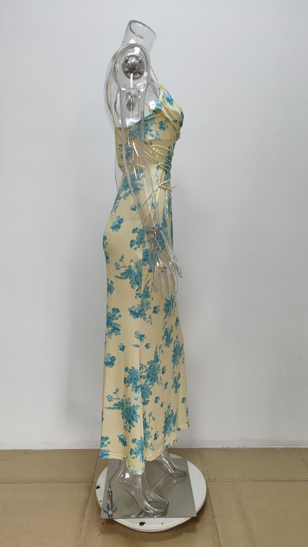 Women Clothing Strap Dress Floral Slim Fitting Sheath Print Pockets Collar Sling Dress