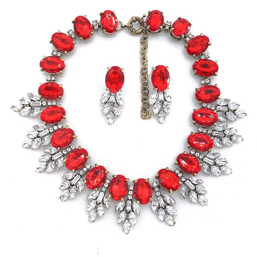 Accessories Handmade Exaggerated Colorful Crystal Necklace Earrings Suite