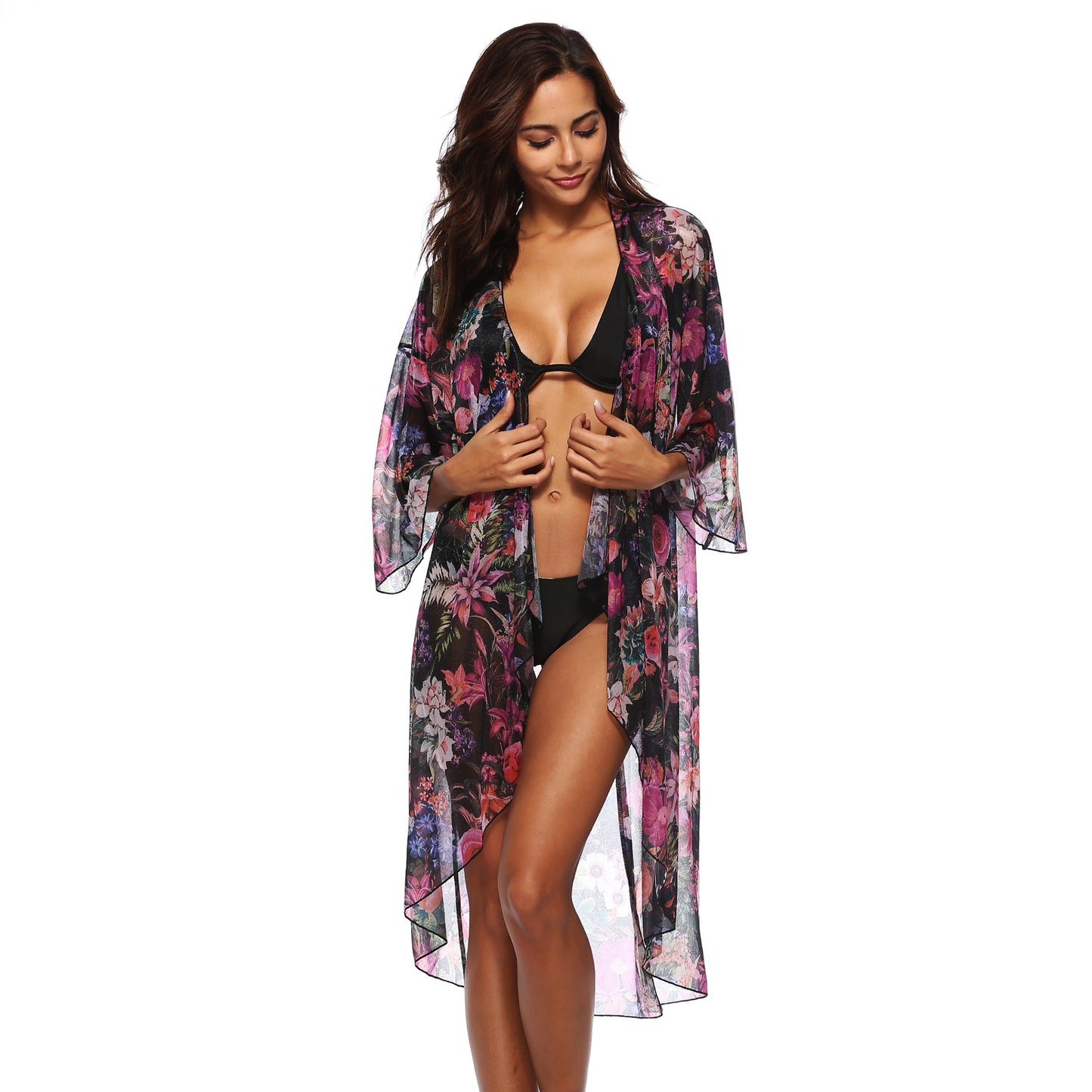 Floral Print Irregular Asymmetric Front Short Back Long Cardigan Three Quarter Sleeve Sun Protective Blouse