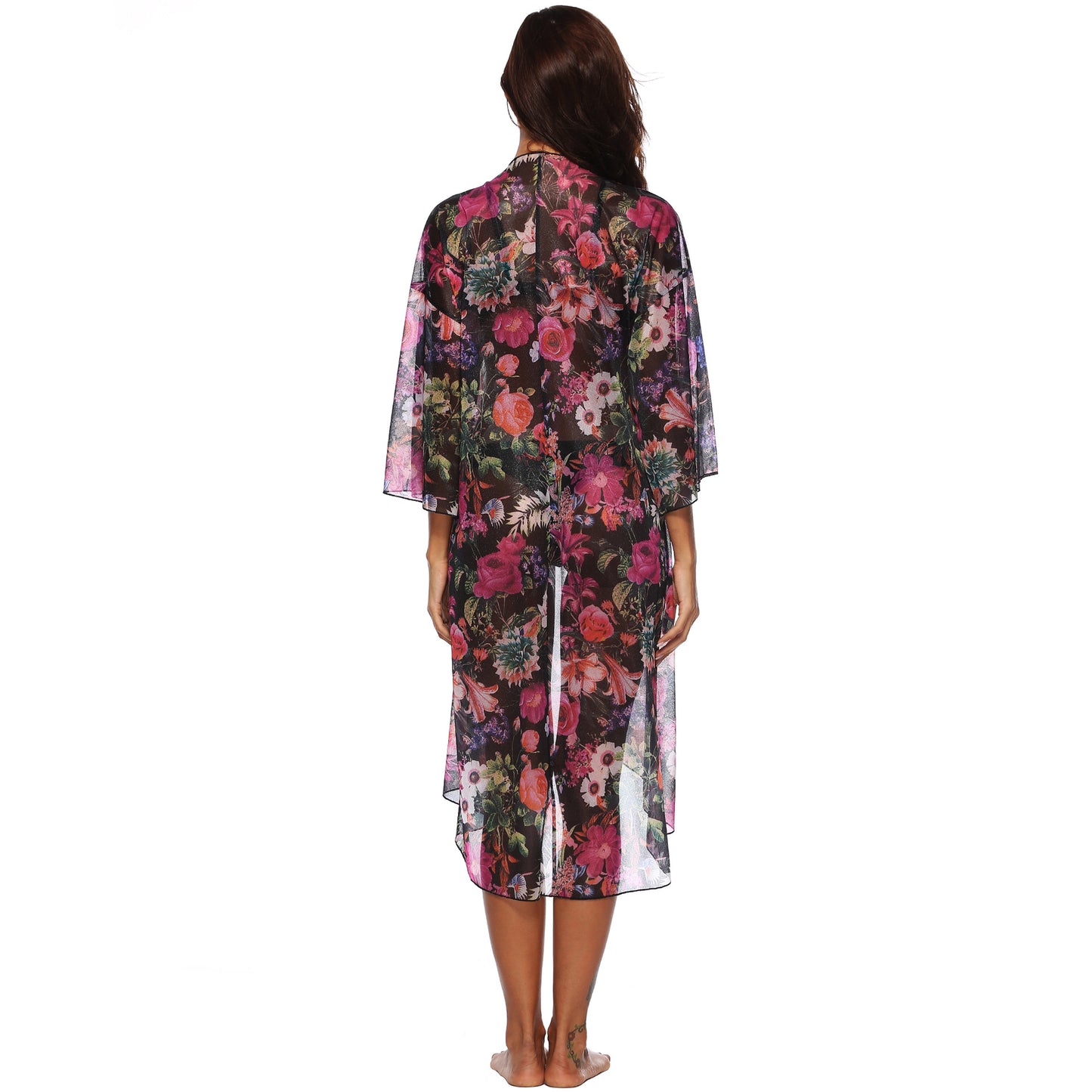 Floral Print Irregular Asymmetric Front Short Back Long Cardigan Three Quarter Sleeve Sun Protective Blouse
