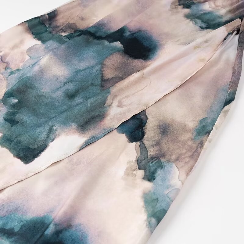 Women Wear Summer Round Neck Slim Fit Pleated Tie Dyed Satin Texture Dress