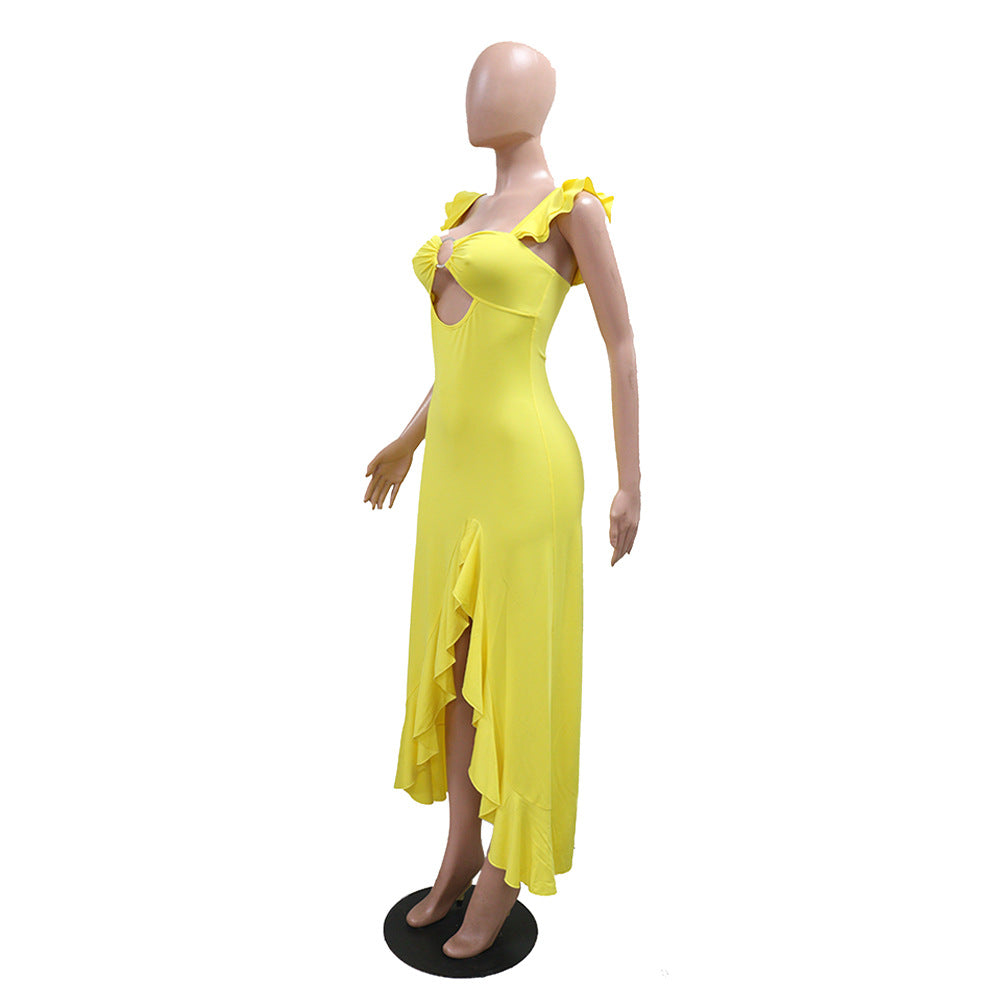 Model Sexy Women Wear Hollow Out Cutout out Camisole Dress Solid Color Slit Dress
