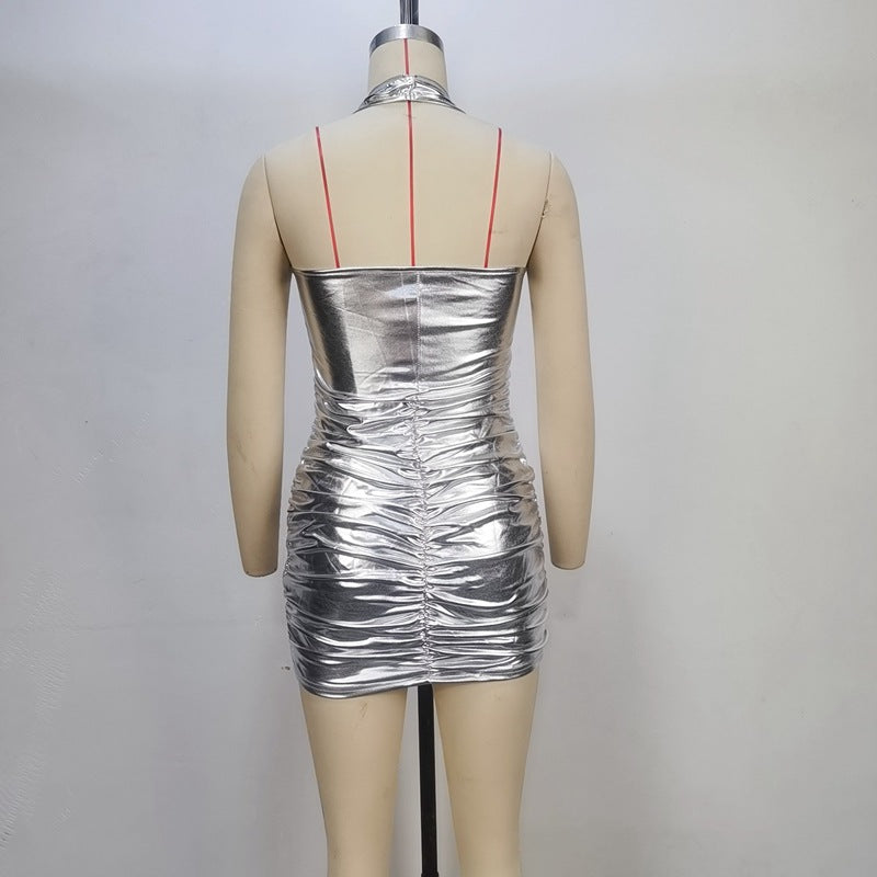 Women Summer Solid Color Pleated Sexy Halter Zipper Slim Fit Sheath Dress Women