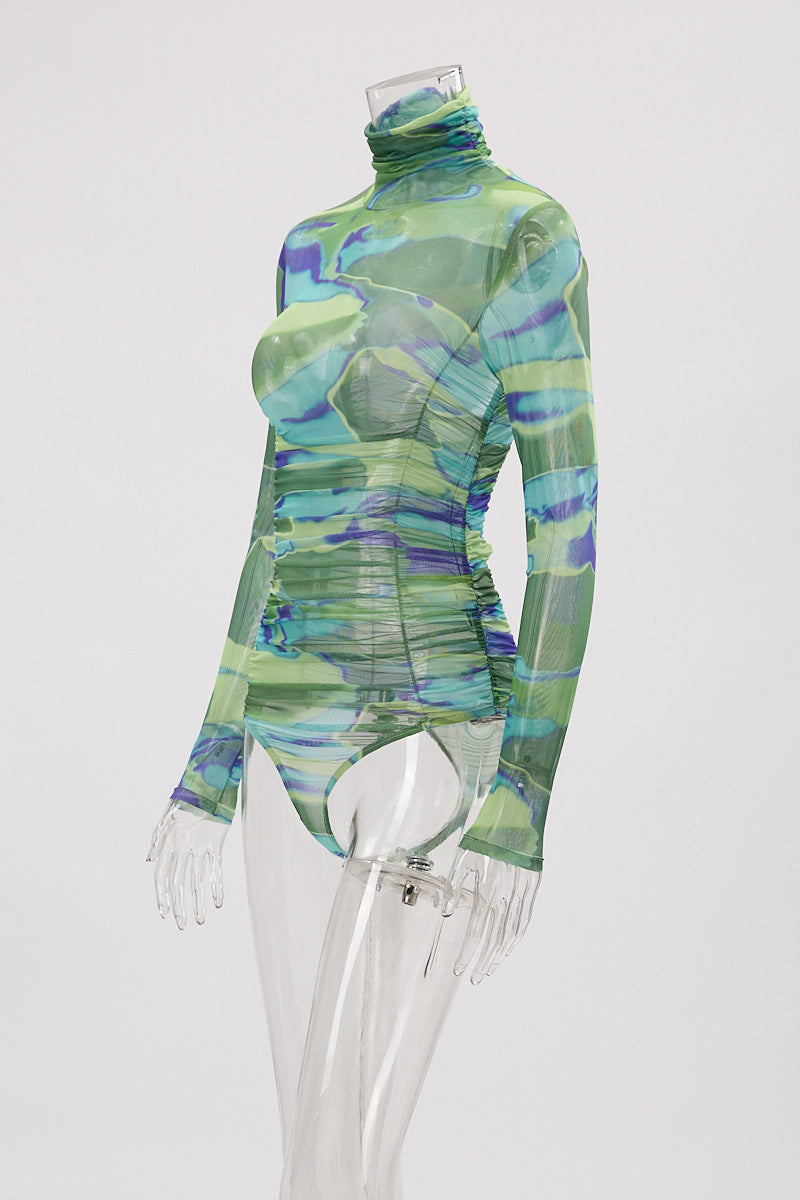 Autumn Tight Turtleneck Jumpsuit Sexy Pleated Long Sleeve See Through Printed Mesh Top Women