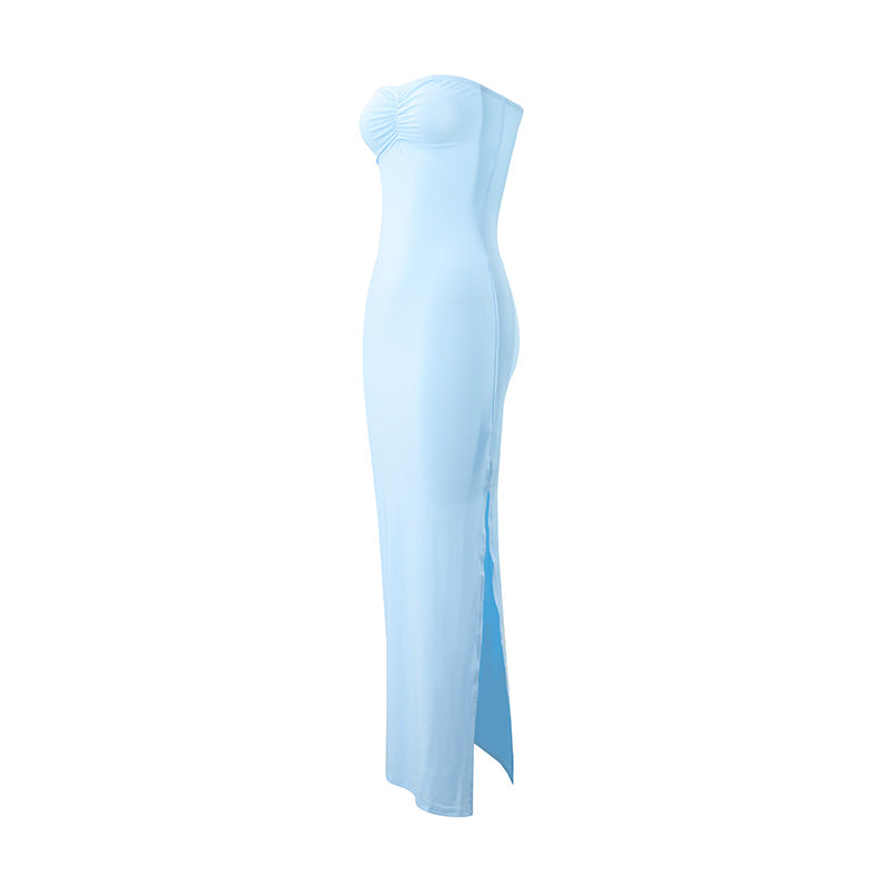 Women lothing Summer Sexy Wrapped Chest Slim Side Slit Long Solid Color Dress
