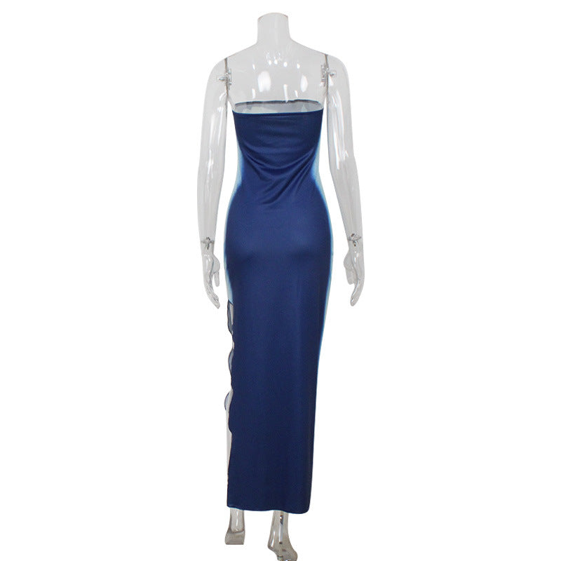 Women Clothing Socialite Tube Top Printed High Slit Close Fitting Slim-Fitting Sheath Dress