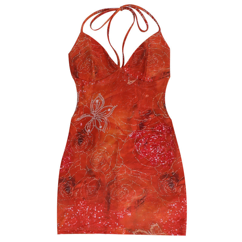 Sexy Backless Halter Printed Rhinestones Hip Sexy Dress Women