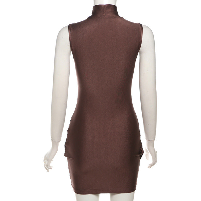 Women Sexy Slim Turtleneck Solid Color Ruffle Hip Dress Women