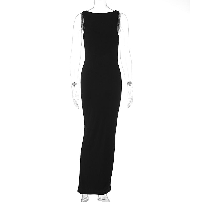 Women Clothing Summer Personality Solid Color Three Dimensional Striped Dress Front Back Two Way Wear