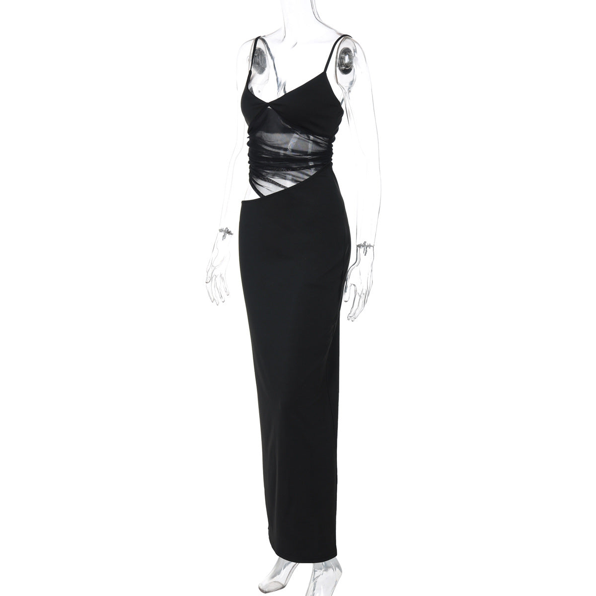 Women Clothing Winter Sexy Patchwork Slit Mesh See through Sling Dress