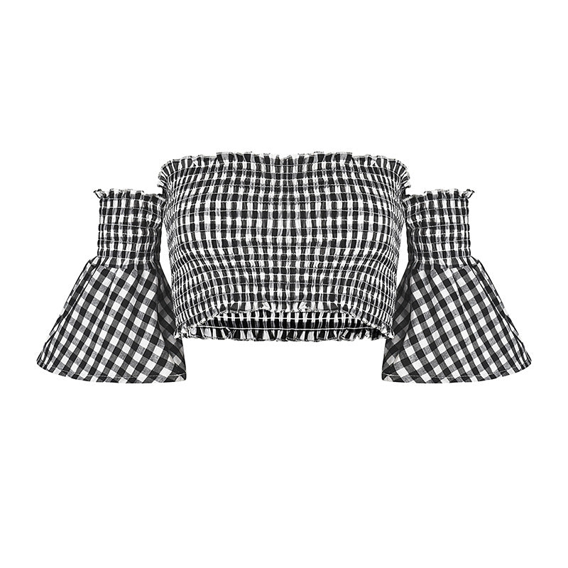 Summer off-Shoulder Tube Top T-shirt Black White Square Plaid Women Tops