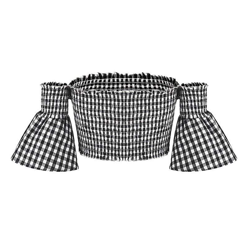 Summer off-Shoulder Tube Top T-shirt Black White Square Plaid Women Tops