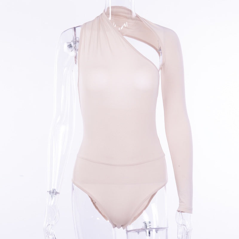 Sexy One-Shoulder Tight Bodysuit Spring Summer Street Office Milk Silk Bottoming Shirt