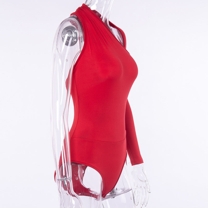 Sexy One-Shoulder Tight Bodysuit Spring Summer Street Office Milk Silk Bottoming Shirt