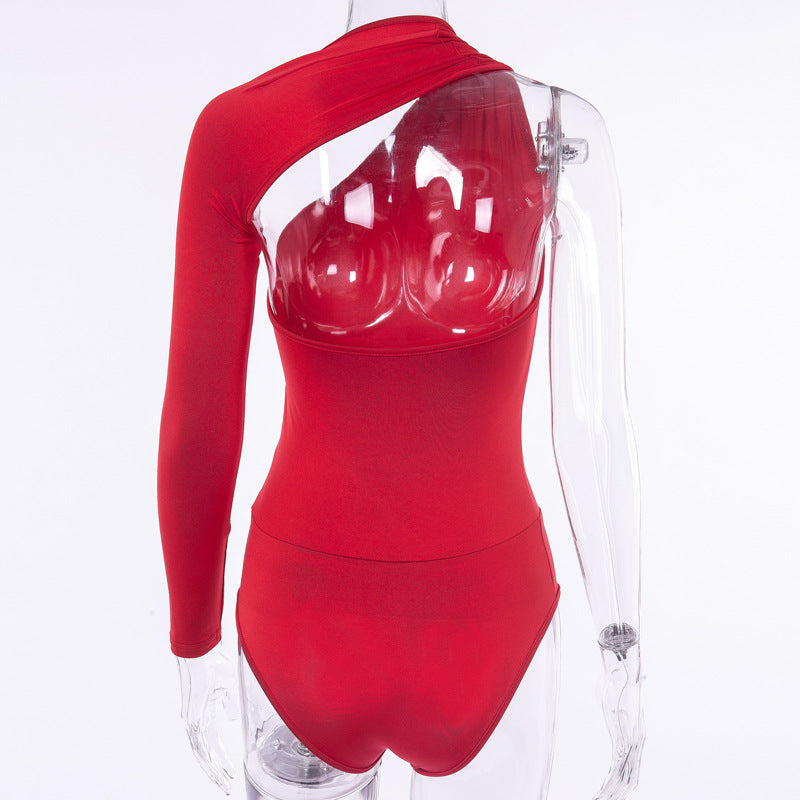 Sexy One-Shoulder Tight Bodysuit Spring Summer Street Office Milk Silk Bottoming Shirt