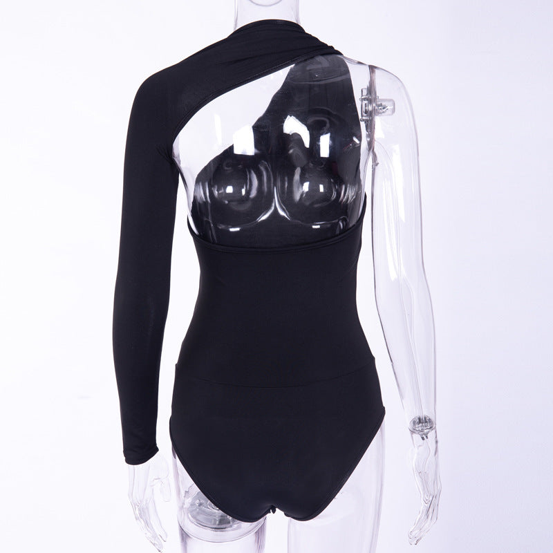 Sexy One-Shoulder Tight Bodysuit Spring Summer Street Office Milk Silk Bottoming Shirt