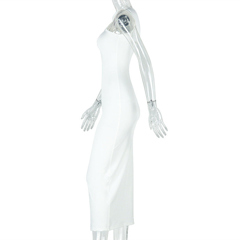 Elegant Solid Color Metal Pleated One Step Dress Sheath Halter Length Dress Fashionable Asymmetric Women Clothing