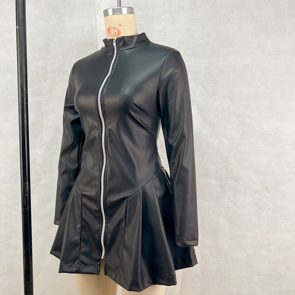 Women Fashionable Fitted Long Sleeve Pleated Faux Leather Zipper Dress