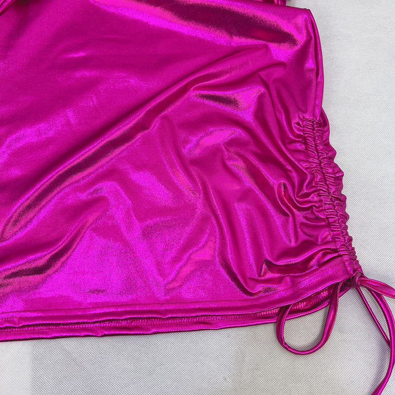 Metallic Coated Fabric Women Clothing Sexy Oblique Shoulder Waist Drawstring Bag Hip Dress Women Dress Nightclub