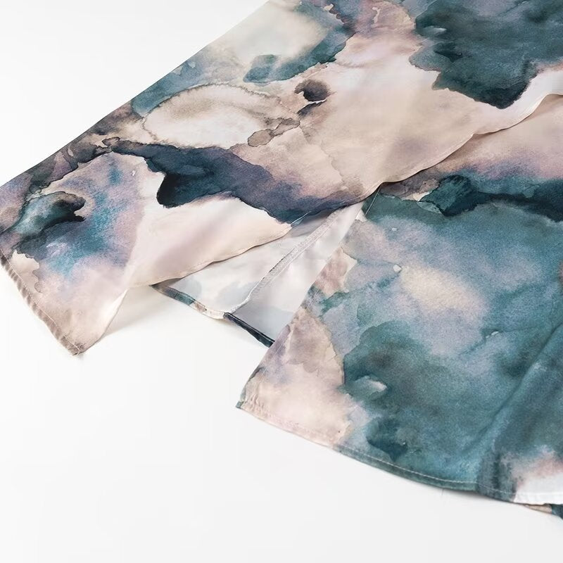 Women Wear Summer Round Neck Slim Fit Pleated Tie Dyed Satin Texture Dress