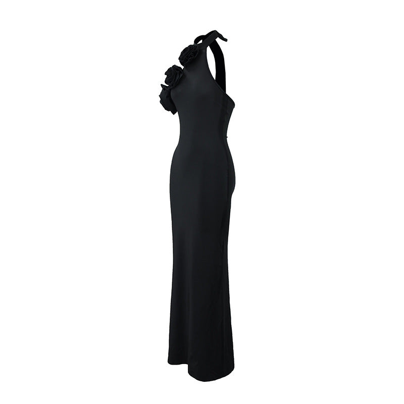 Women Clothing Three Dimensional Floral Sexy Halter Backless Split Dress