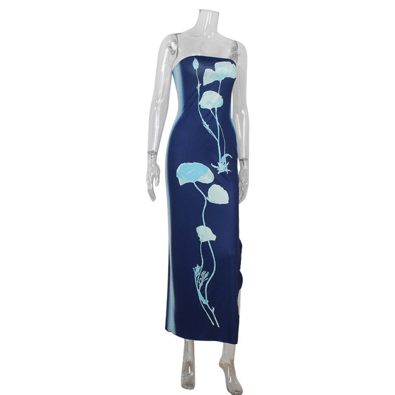 Women Clothing Socialite Tube Top Printed High Slit Close Fitting Slim-Fitting Sheath Dress