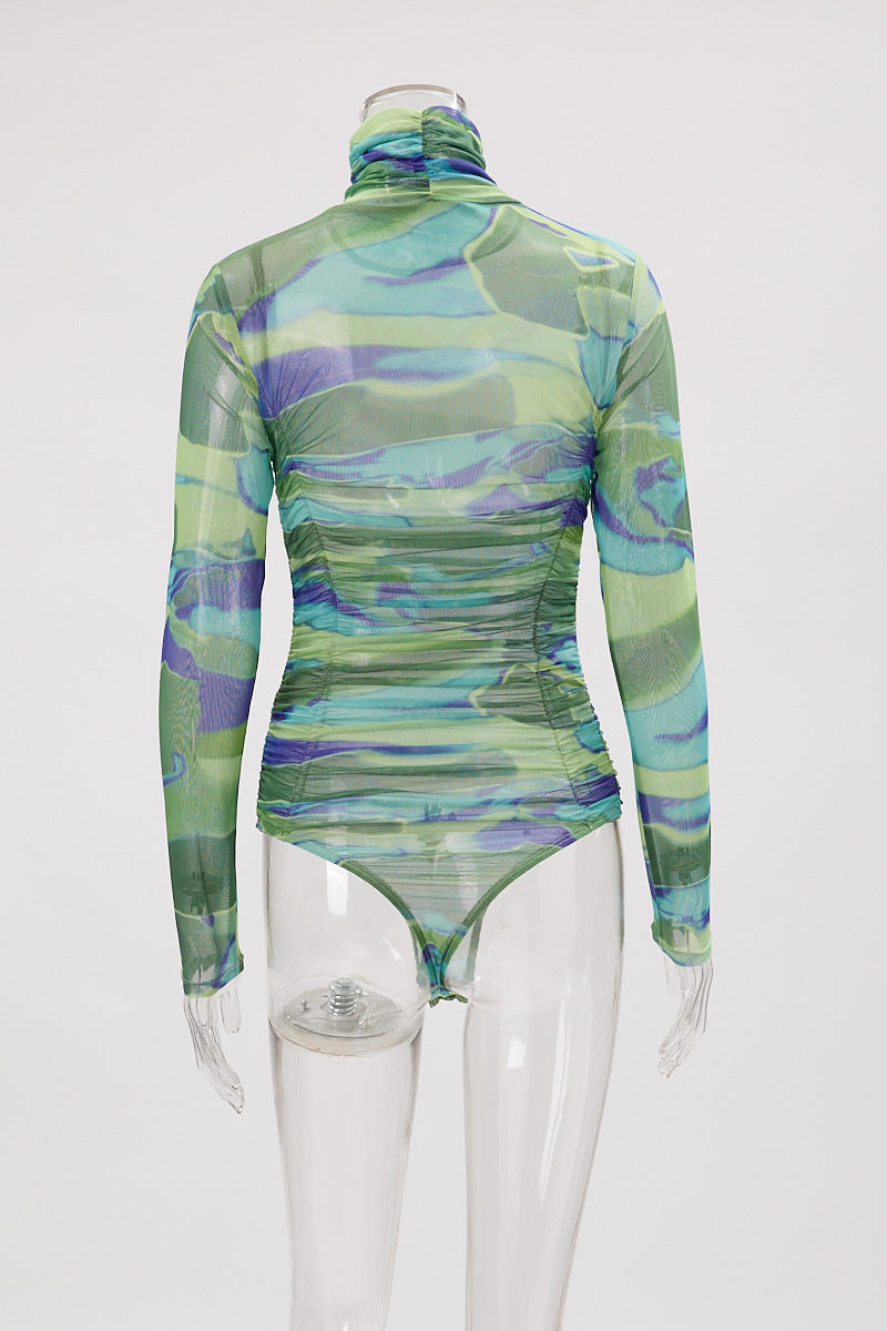 Autumn Tight Turtleneck Jumpsuit Sexy Pleated Long Sleeve See Through Printed Mesh Top Women