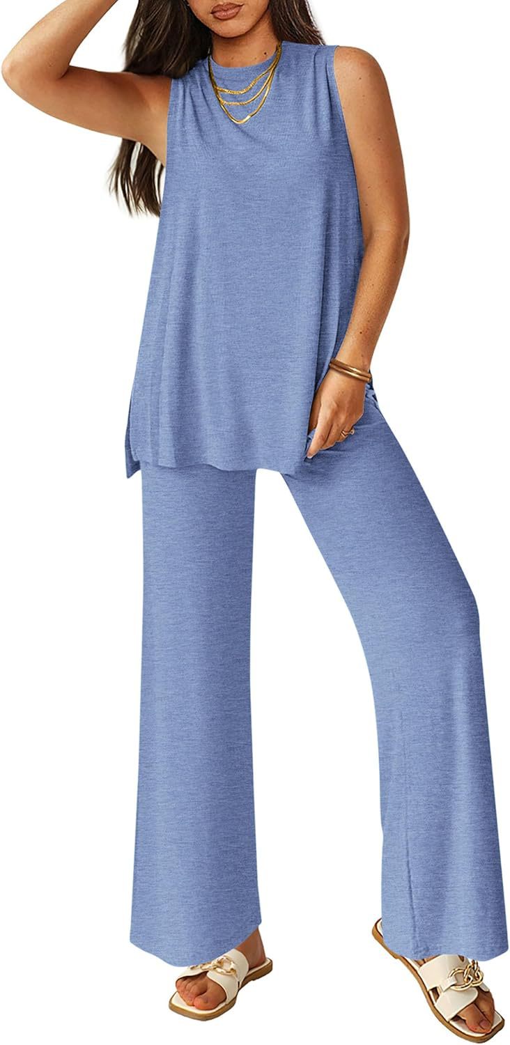Two Piece Set Casual Set Summer Casual Loose Vest Wide Leg Pants Matching Travel Set Sportswear