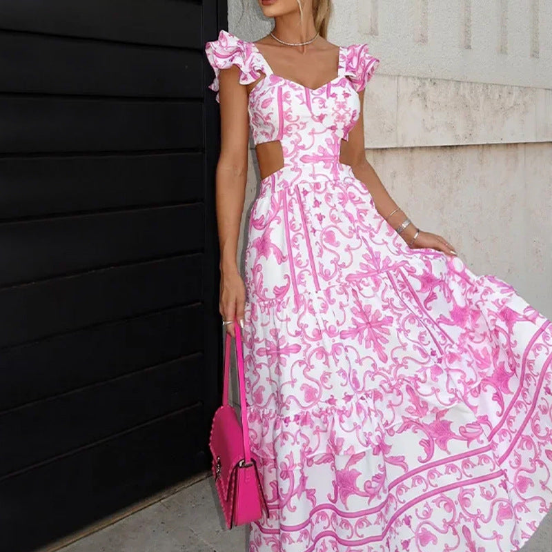 Women Clothing Elegant Padded Shoulder Flying Sleeves Printed Large Dress Maxi Dress