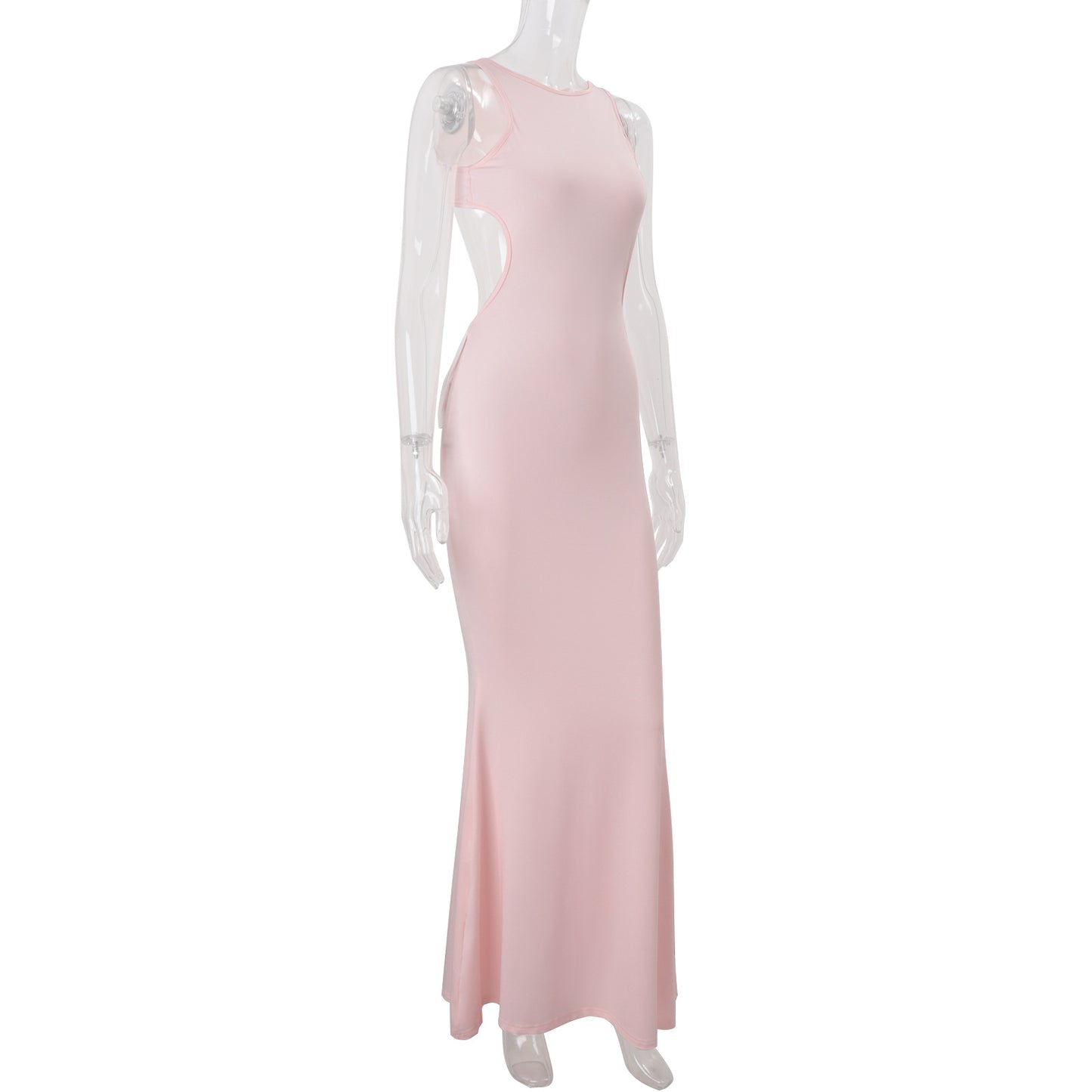 Women Clothing Fall round Neck Solid Color High Waist Hollow Out Cutout out Bow Decoration Sheath Dress