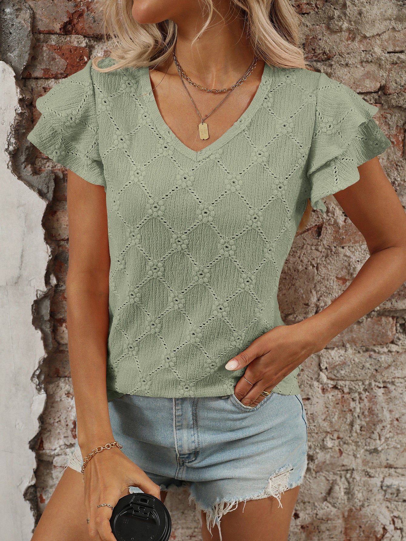 Women Clothing Spring Summer Solid Color V neck Sweet Short Sleeved T shirt Hollow Out Cutout Top