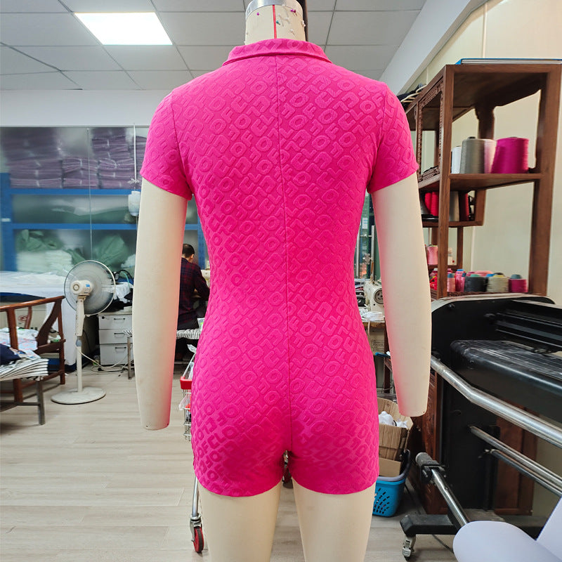 Knitted Embossed Women Jumpsuit Polo Collar Sexy Peter Pan Collar Cardigan Single Breasted Shorts Jumpsuit