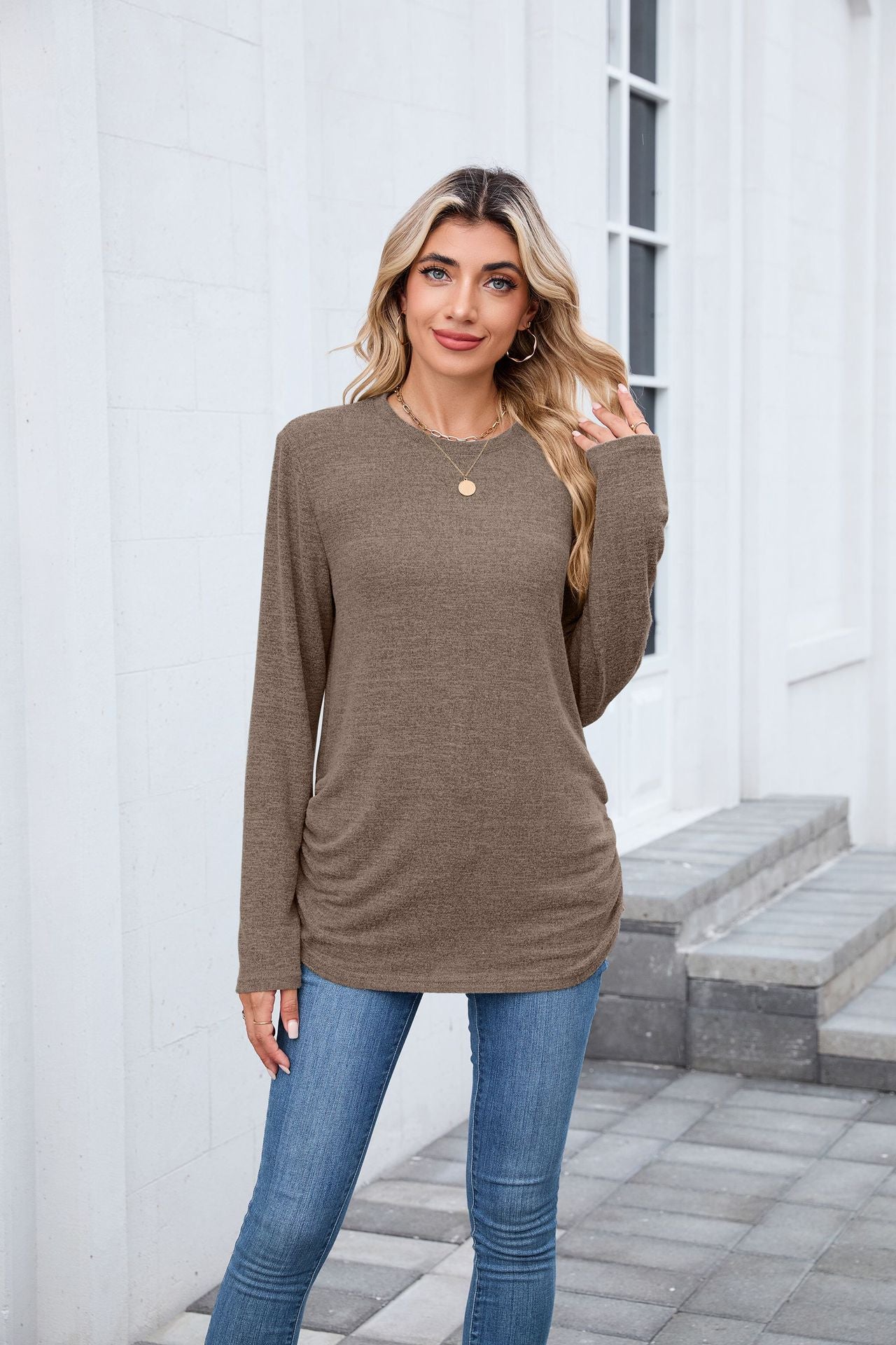Autumn Winter Solid Color round Neck Loose Long Sleeved T shirt Top Women