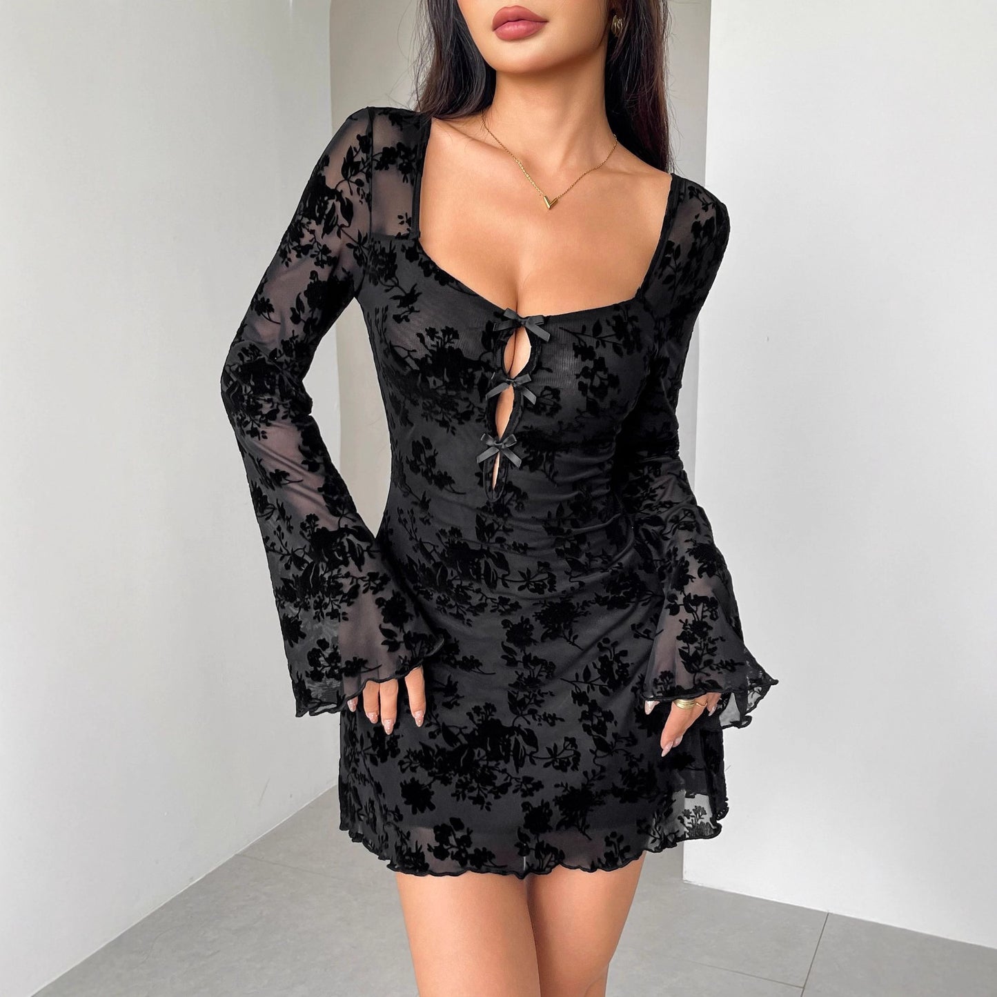 Fall Dress Flocking Long Sleeve Floral Hollow Out Cutout Bow Women Clothing