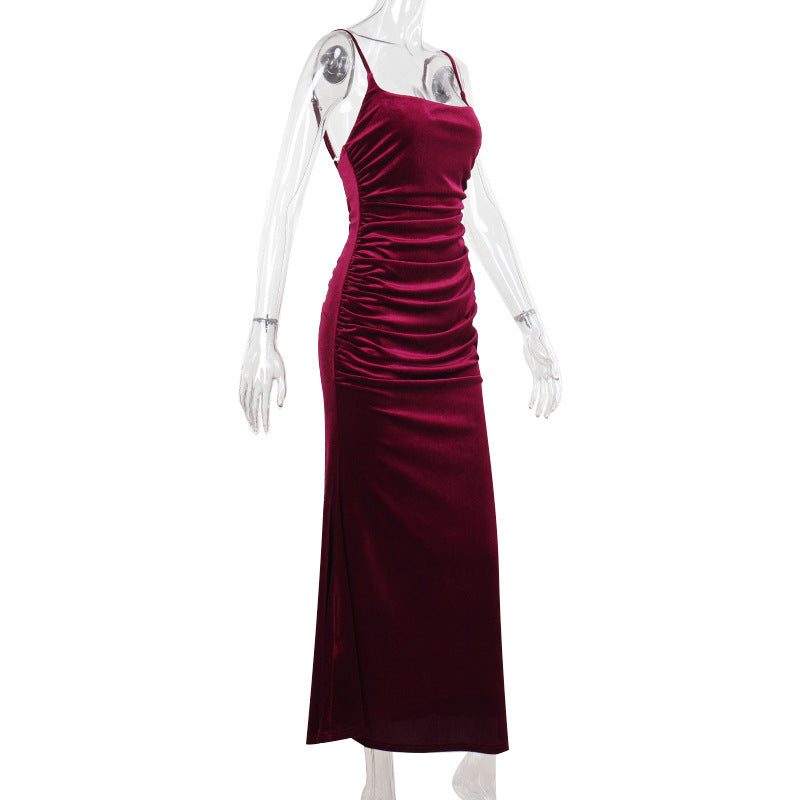 Autumn Socialite Sexy Velvet Pleated Fitted Waist Backless Sling Dress