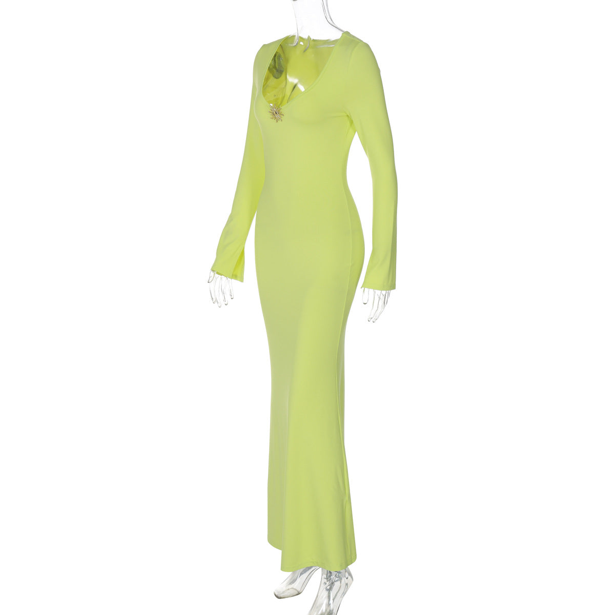 Women Clothing Summer Solid Color Deep U High Waist Fishtail Dress Long Sleeve Dress
