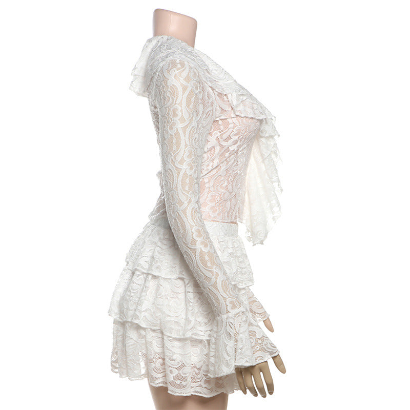 Women Clothing Autumn Slim Fit Sexy Flare Sleeve Ruffled Long Sleeve Lace Hollow Out Cutout out Skirt Two Piece Sets