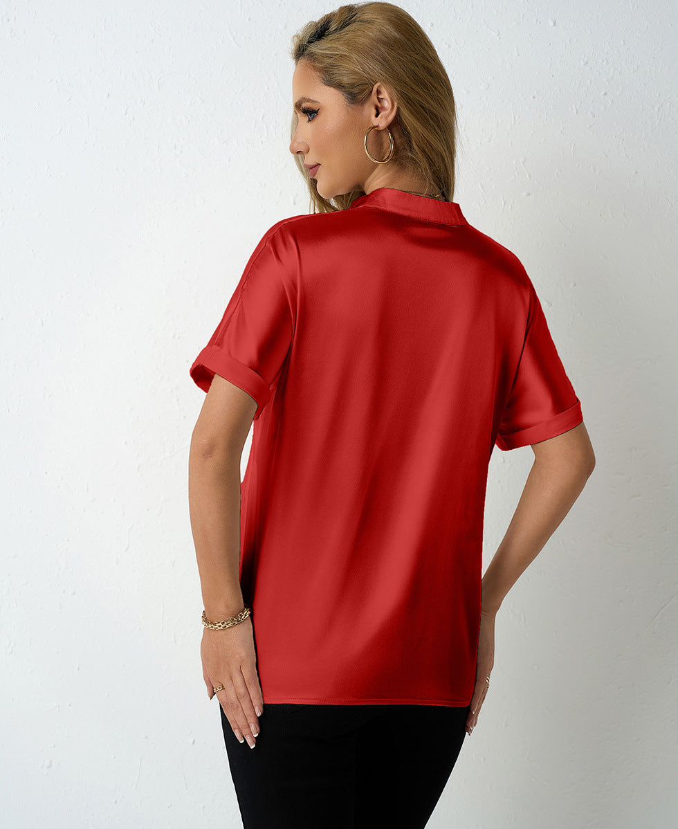 Solid Color Satin Women Clothing with Shoulder Stand Collar Short Sleeve Shirt Satin Shirt