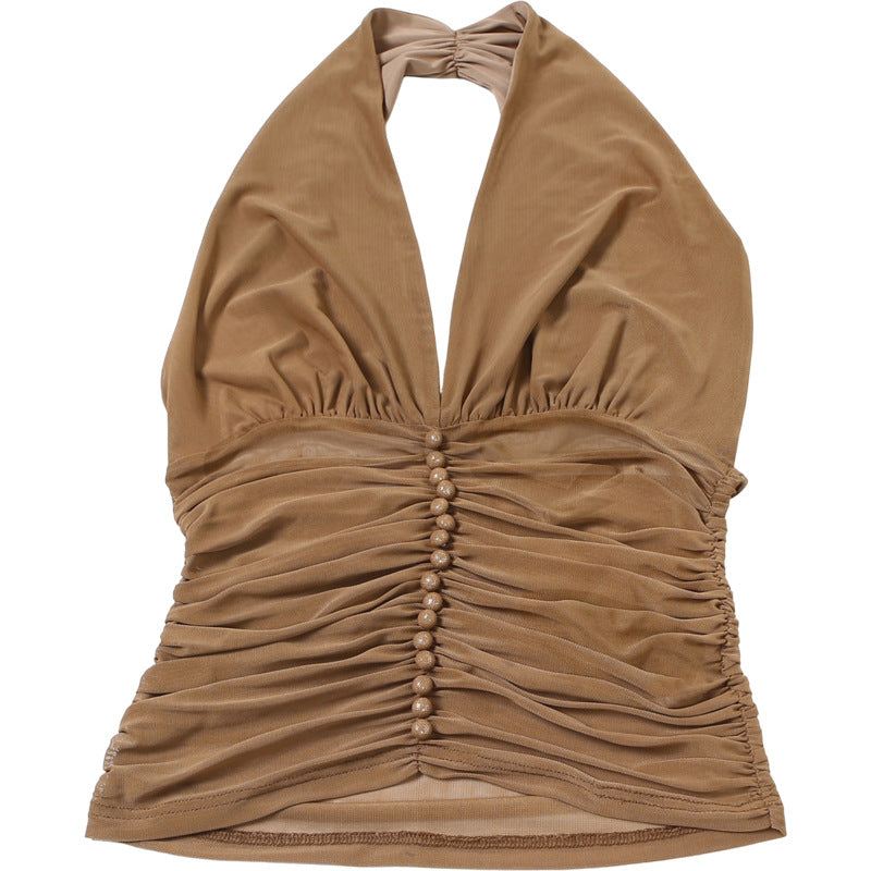 Summer Women Clothing Sexy V neck Halter Spaghetti Straps Vest Mesh Pleats Top for Women