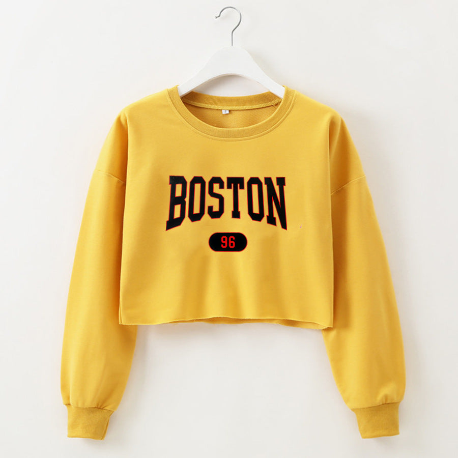 Women Clothing Autumn Winter Boston Letter Graphic Printing Cropped Long Sleeves Sweatshirt Women