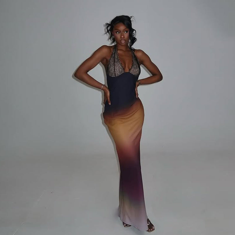 Women Clothing Sexy Halter Backless Casual Dress Lace Stitching with Color Changing Dress Women