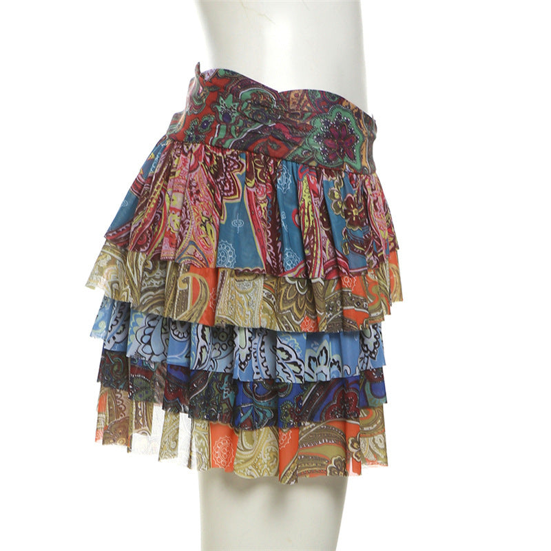Summer Women Clothing Sexy Cake Skirt High Waist Retro Printed Skirt