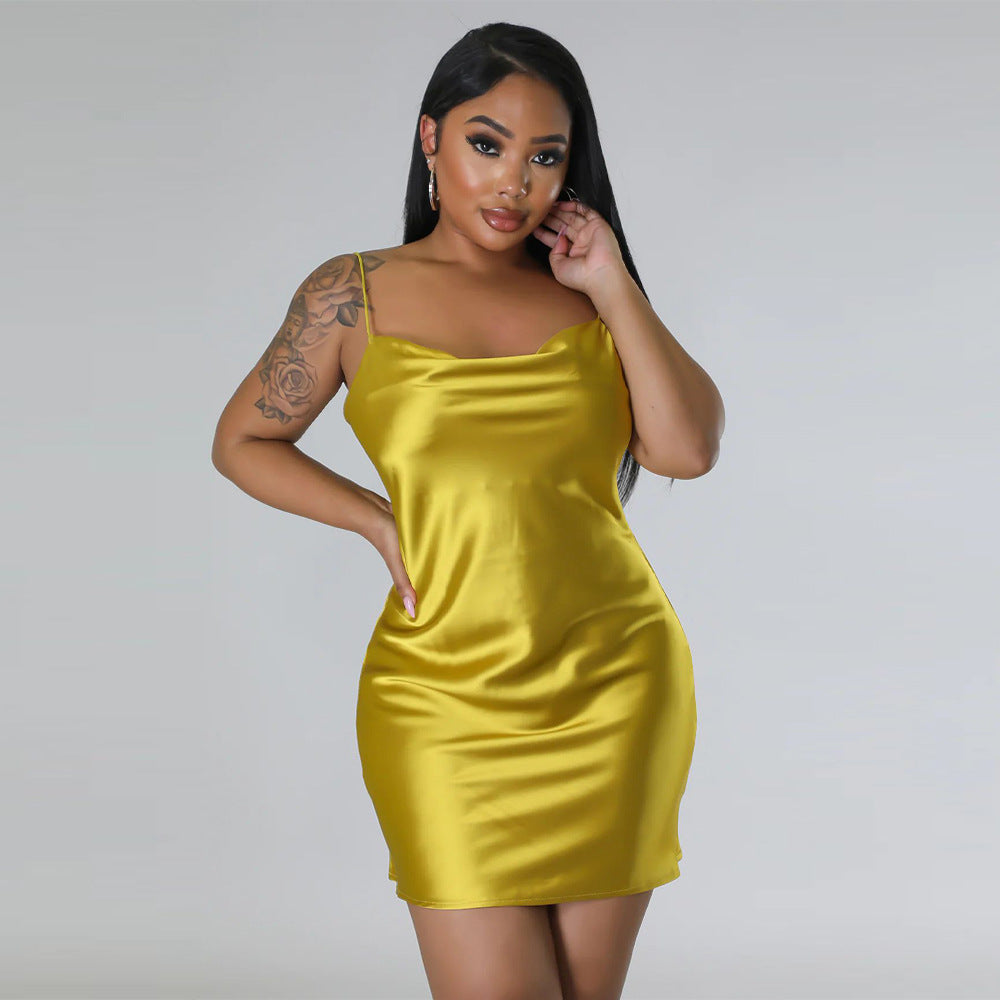 Women Clothing Solid Color Backless Dress Artificial Silk Sexy Swing Collar Sling Dress