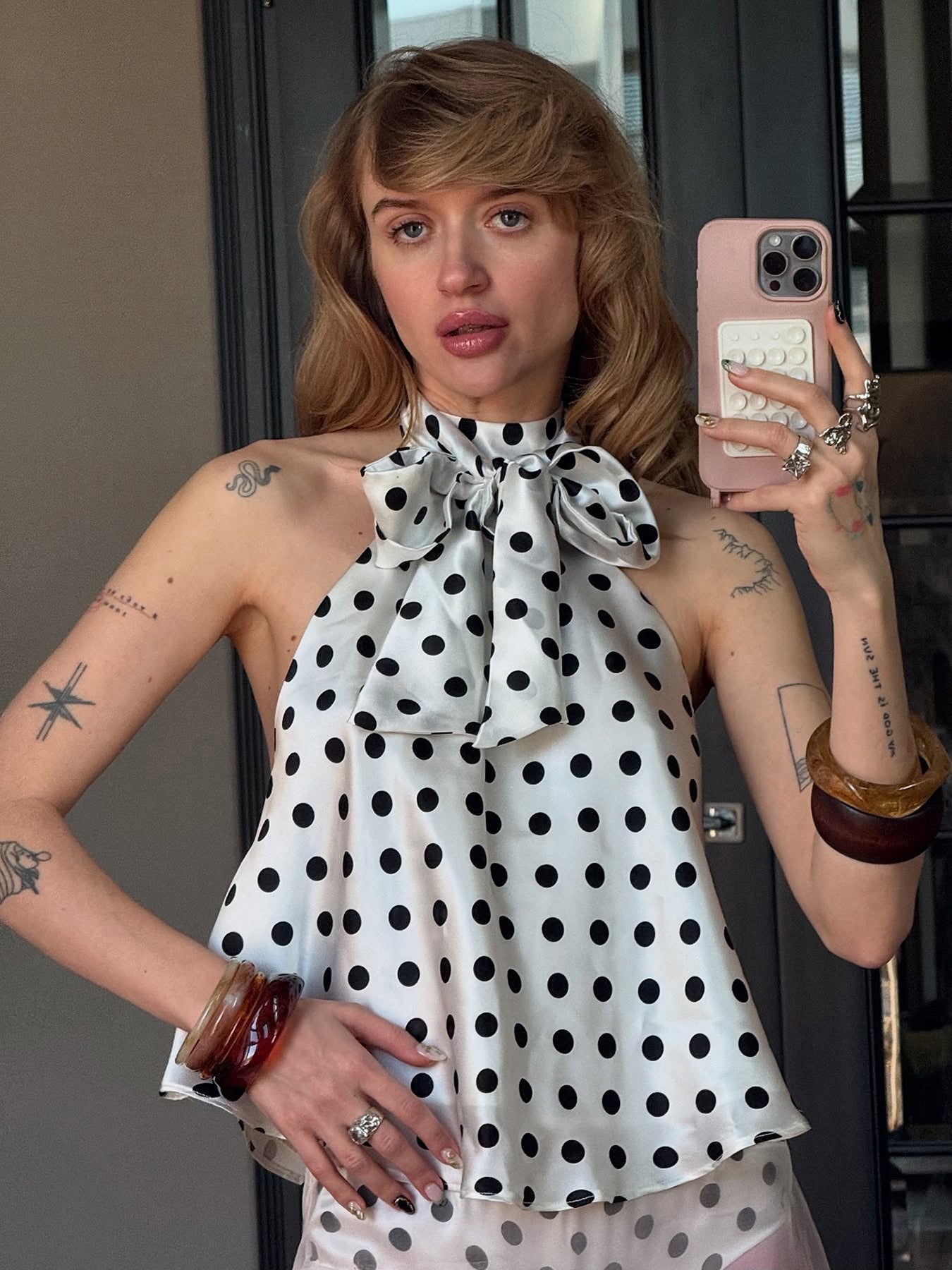 French Elegant Bow Halter Sexy Satin Vest Sexy Polka Dot Irregular Asymmetric Spaghetti Strap Backless Top