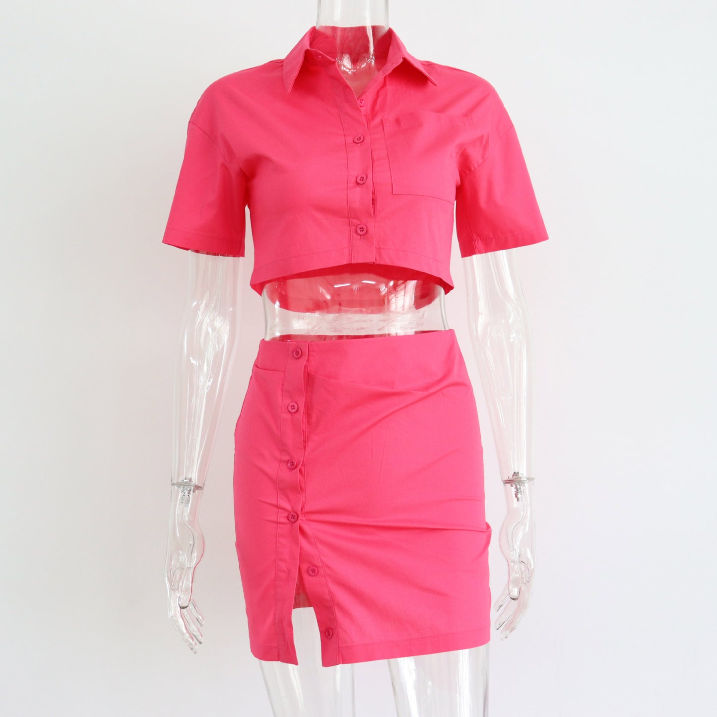 Spring Summer Two Piece Set Sexy Collared High Waist Short Sleeve Shirt Outfit