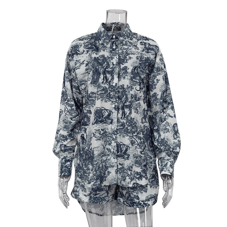 Women Clothing Vintage Shirt Suspender Shorts Suit National Ink Printing Three Piece Set