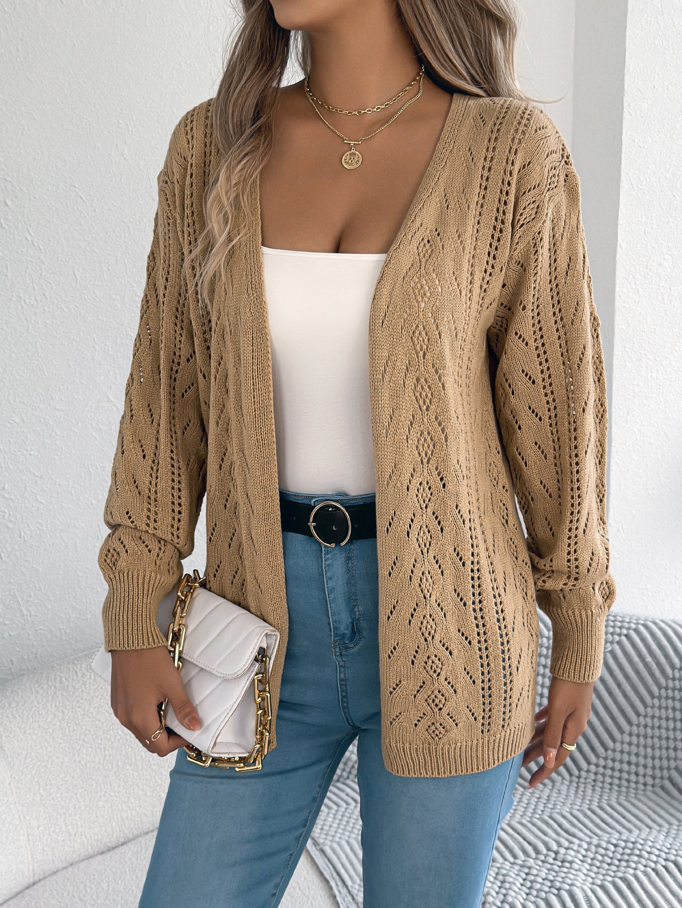 Early Autumn Casual Hollow Out Cutout out Lantern Long Sleeve Cardigan Sweater Mid Length Coat Women Clothing