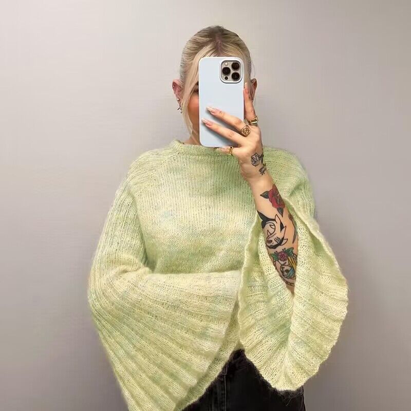 Round Neck Flared Sleeves Lazy Short Large Sweater Autumn All Matching Office Top Women Clothing