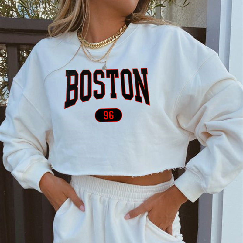 Women Clothing Autumn Winter Boston Letter Graphic Printing Cropped Long Sleeves Sweatshirt Women